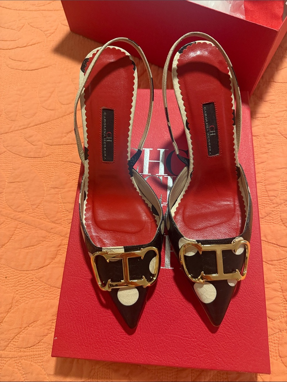 Carolina Herrera Brown Polka Dot Pointed Slingback Heels with Gold CH Buckles